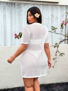 SHEIN EZwear Solid Color Plus Size Women Hollow Out Dress, Minimalist Fashion, Suitable For Summer - White - View 2