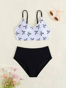 Tween Girls' Bow Print Bikini Set For Summer Beach Holiday Young Girls Sets Bathing Suits For Teens Sets Swim Suits For Women Swimming Suits For Woman Bathing Suits Teen Set - Black - View 1