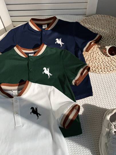 3 piezas Camisas tipo polo con estampado de rayas y bloques de color para niño pequeño, adecuadas para vacaciones, salidas y uso escolar