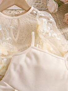 SHEIN 2pcs Baby Girl Floral Print Mesh Long Sleeve Top & Solid Color Elastic Waist Long Pants Set, Suitable For Summer - Apricot - View 8