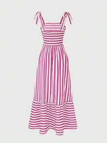 Breezaya Women's Shoulder Strap Chest Gathered Striped Dress Maxi Vacation Beach Outfit