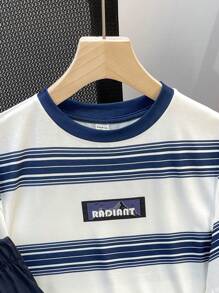 SHEIN Leap Crew 2pcs Set Teen Boys Casual Streetwear Sports Uniform Striped Color Block Short Sleeve T-Shirt And Khaki Cargo Shorts Outfit - Navy Blue - View 7