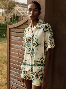 Maija Women's Multicolored Green & White Floral Print Short Sleeve Single-Breasted Shirt And Shorts Beach Vacation Set, Versatile Casual Bohemian Style Fashion Summerwear, Suitable For Beach, Vacation, Music Festival, Western Style