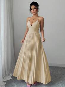 Elenzga Women's Pink V-Neck Back Strap Ruched Hem Casual Vacation Style Strap Dress - Khaki - View 1