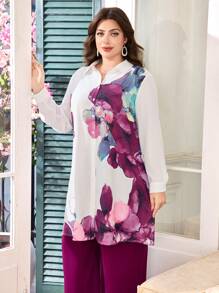 SHEIN Lacomfia 2pcs Plus Size Floral Print Splicing Contrast Color Shirt Collar Set Fall Cloth For Women - Purple - View 1