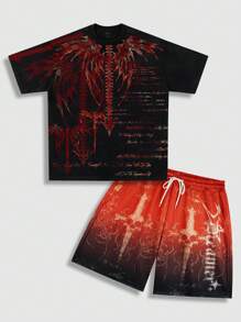 ROMWE MEN Men's Gothic Y2K Printed Short Sleeve T-Shirt And Shorts Set, Suitable For Everyday Wear In Spring/Summer, Halloween - Black - View 2