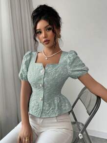 Elenzga Áo sơ mi nữ mùa hè mới cổ vuông hở phía trước tay ngắn bèo nhún viền bèo nhún, đa năng khi đi làm, dự tiệc và hẹn hò, thời trang thanh lịch cho các quý cô trẻ trung - màu xanh lá - Xem 4