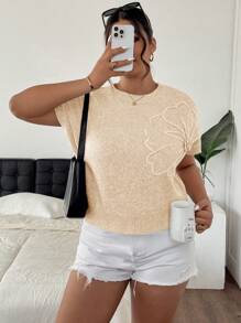 SHEIN Frenchy Plus Size Elegant 3D Floral Applique Loose Bat Wing Round Neck Knit Top - Apricot - View 5