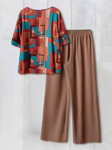 Rusticease 2pcs/Set Women Summer Casual All-Over Print Button Decor Top And Pants Set - Multicolor - View 2