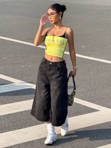 SHEIN EZwear Women Y2k Baggy Jorts Vintage Wide Leg Long Jean Shorts Loose Fit Denim Shorts Grunge Vintage Streetwear - Black - View 1