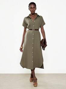 Chiquease Abito camicia maxi semplice e confortevole con spacco laterale da donna - Verde Oliva - Visualizzare 5