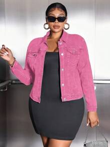SHEIN SXY Plus Size Women's Long Sleeve Single-Breasted Casual Versatile Denim Jacket - Pink - View 5