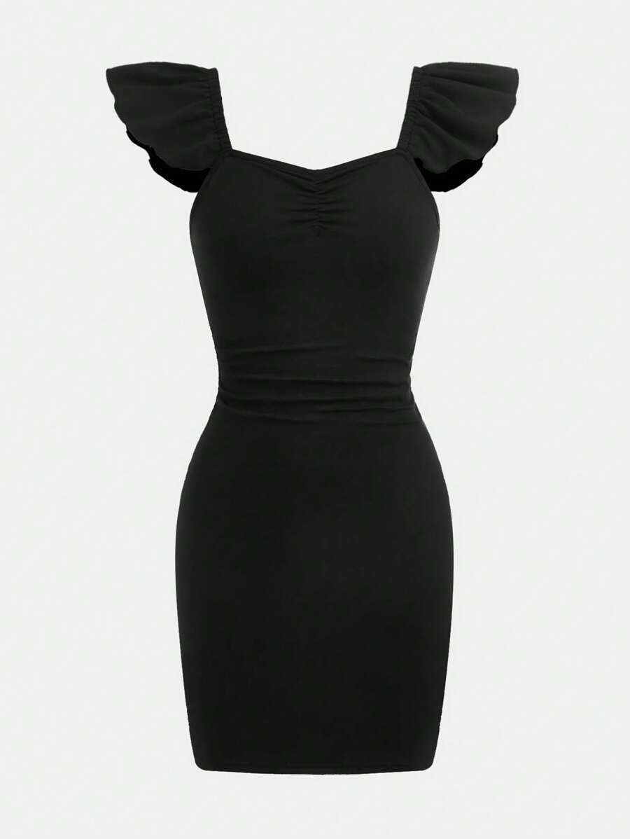 Teen Girl's Teenage Elegant Fitted Off Shoulder Cap Sleeve Pleated Waist Black Short Dress, Suitable For Daily Outing, Garden, Party, Birthday And Other Occasions, Mini Party Dress - Black - View 1