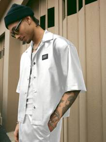 AXEPEAK Conjunto de camisa de manga corta y pantalón de piel de pu con botones y solapa ancha para hombre, listo para el streetwear