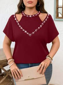SHEIN Clasi Plus Size Women Elegant Knit Short Sleeve Body-Con Black T-Shirt With Pearl Decor - Burgundy - View 4