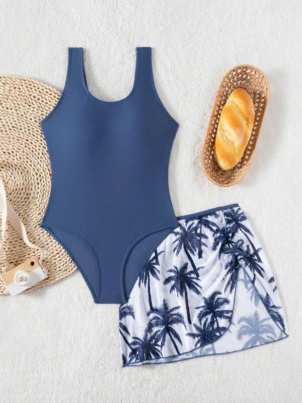 Girls' Green Tropical Plant Print Swimsuit With Mesh Overlay Skirt, Vacation Style Young Girls Sets Summer Young Girls Sets Outfits Summer Summer Vacation Outfits Beach Vacation Outfits