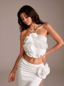 TRNVIE Personalized 3D Flower Versatile Sleeveless Slit Vacation Women 2pcs Set, Spring/Summer - White - View 3