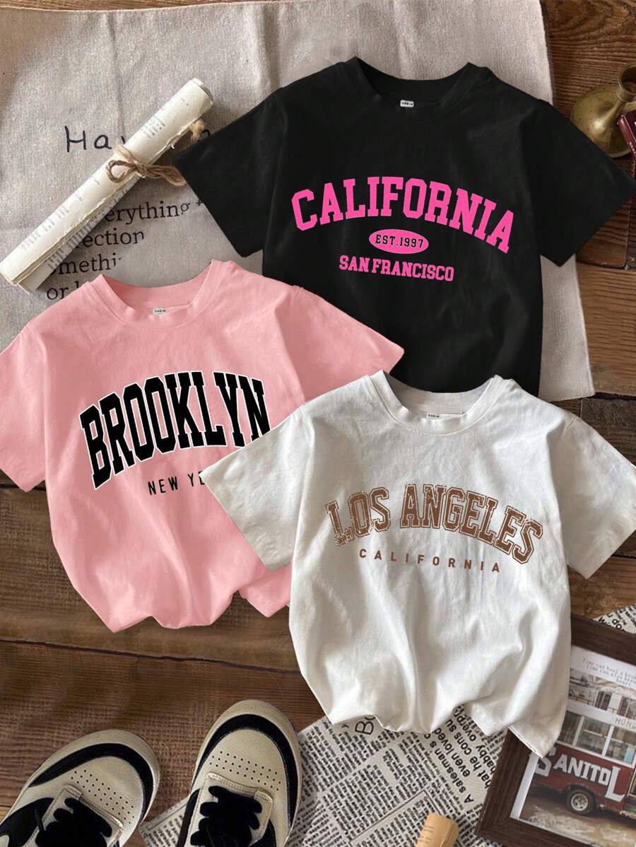 SHEIN Leap Crew 3入組休閒簡約卡通字母印花T恤套裝，適合青少女，夏季款 - 彩色 - 查看 1