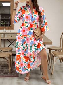 SHEIN LUNE Plus Size Women Floral Print Flare Sleeve Casual Dress Summer Outfits For Women Vacation Outfits Women Summer Dresses For Women,Beach Dress Sundress,Holiday Outfits Boho Summer Outfits For Women Vacation Outfits Women - Multicolor - View 5