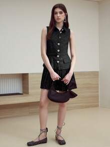 MOTF STUDIO TWEED FLAP DETAIL PLEATED HEM BUCKLE BELTED SHORT DRESS, NEW YEAR OUTFIT TWEED DRESSES FOR WOMEN - Black - View 3
