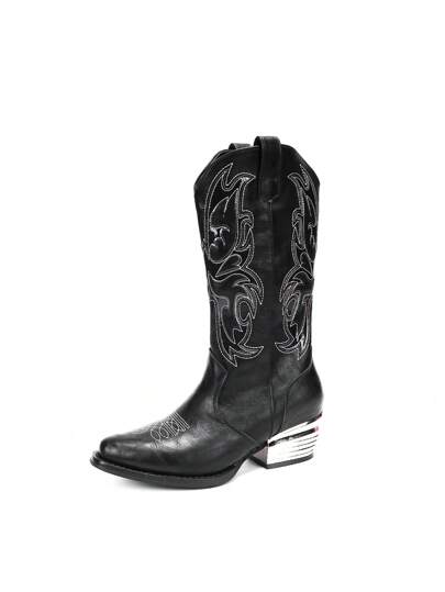 Grunge Punk Women's Retro Western Style Black Chunky Heel Mid-Calf Boots
