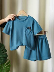 2pcs/Set Boys Letter Graphic Pocket Tee And Shorts Set - Blue - View 3