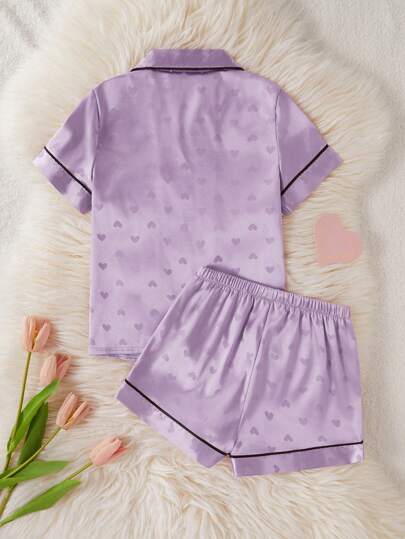 Bộ đồ ngủ quần short tay ngắn họa tiết trái tim bằng vải satin cỡ lớn cho bé gái