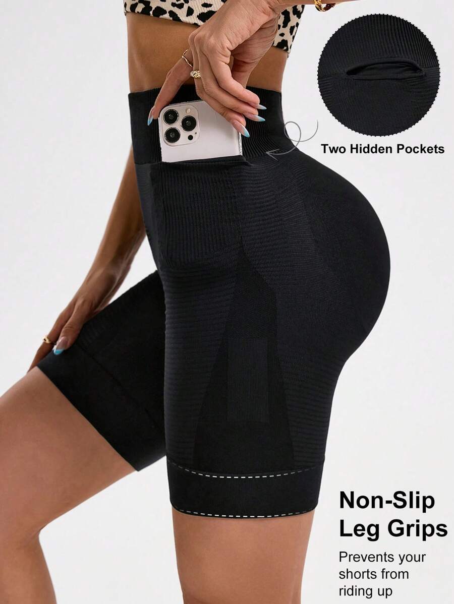 Easithlete Seamless Multi-Pocket Running Shorts, High Intensity Compression Workout Leggings For Marathon & Fitness - Black - View 1