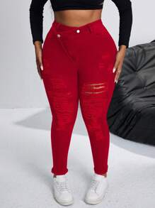 SHEIN SXY Quần Jeans Co Giãn Denim Co Giãn Sexy Thời Trang Cỡ Lớn - Đỏ - Xem 3