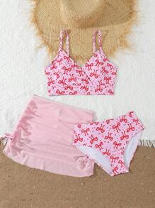 Tween Girls' 3pcs Butterfly Print Knit Bikini Set With Swimsuit Cover Up, Fashionable, Elegant, Suitable For Swimming, Vacation, Summer - Pink - View 3