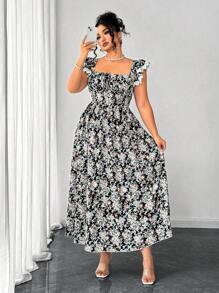 SHEIN Clasi Kleid in Große Größen mit V-Ausschnitt, geraffter Taille, ausgestelltem Saum und Spitzen-Schulterdetails, kleines Blumenmuster, geeignet für Urlaub, Ausflüge, Partys, Dates - Verschiedenfarbig - Übersicht 6