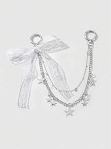 ROMWE Kawaii 1 pièce Pendentif coréen minimaliste élégant et polyvalent en argent de haute qualité avec chaîne à plusieurs couches, étoile et lune, breloque en dentelle blanche, DIY porte-clés, décorations de sac, convient pour les femmes, port quotidien et cadeau
