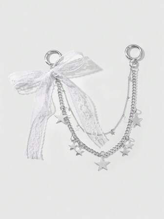 Kawaii 1 Stück INS koreanischer minimalistischer eleganter vielseitiger hochwertiger silberner mehrreihiger Ketten Anhänger mit Stern und Mond, weißer Spitzenband Anhänger, DIY Schlüsselanhänger Taschendekoration, geeignet für Frauen, Alltagstragen und als Geschenk