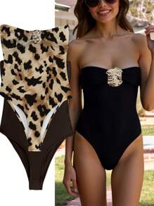 INAWLY Women's Black Metal Decor Bandeau Bodysuit, Beach & Outdoor Summer Swimwear - Brown - View 1