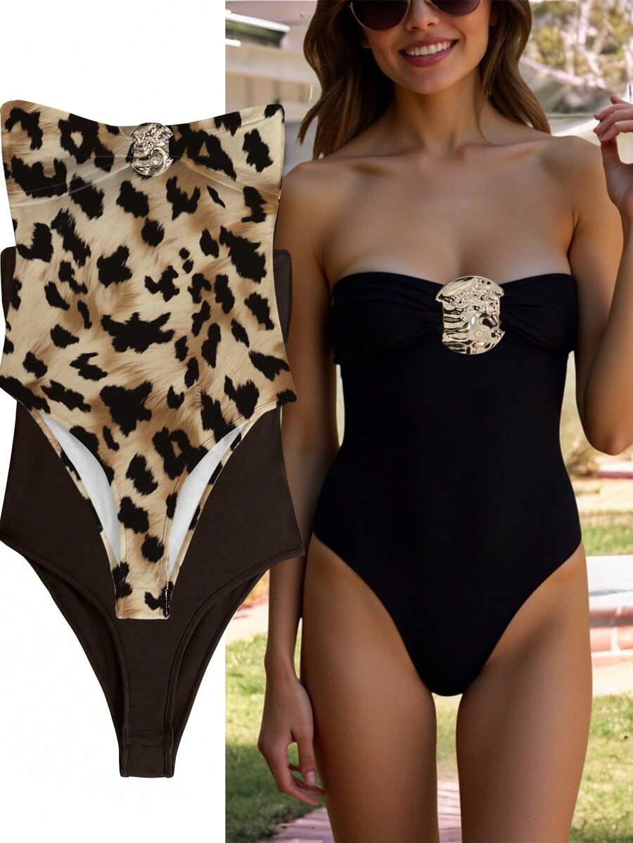 INAWLY Women's Black Metal Decor Bandeau Bodysuit, Beach & Outdoor Summer Swimwear - Brown - View 1