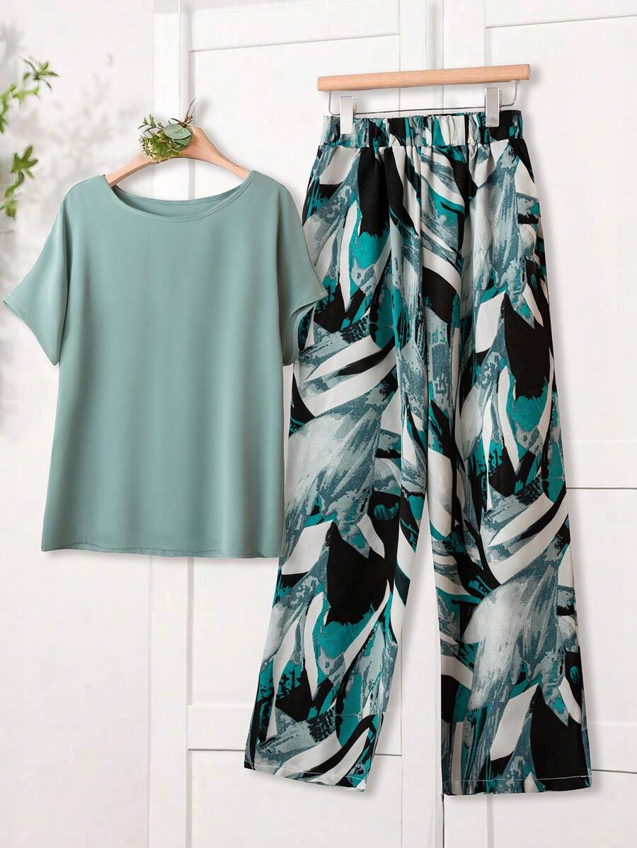 Rusticease Women Solid Color Round Neck Short Sleeve Top And Flower Print Wide Leg Pants Set For Summer Two Pieces Outfits Linen Cute Summer Top  Streetwear Women  European Summer Women's Summer Clothes - Teal Blue - View 1