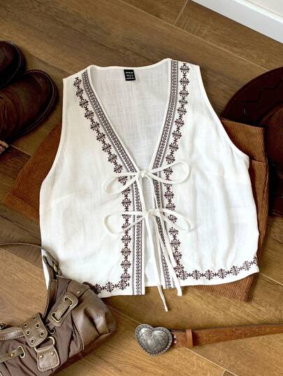 Comfortcana Camisa de mujer sin mangas con bordado y cierre delantero de lazo, ropa casual de vacaciones