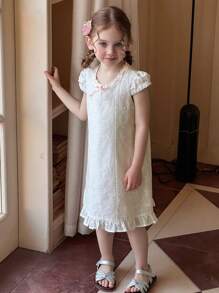 DAZY Girls (Small) Round Neck Lace Textured Short Sleeve Elegant Summer Dress