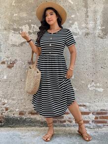 SHEIN LUNE Simple Color Block Striped Soft Brushed Fabric Plus Size Casual Comfortable Dress Summer Outfits For Women Brunch Outfits For Women Mother's Day Church Outfits Women Women Summer Clothing Woman S Summer Clothes Women Summer Sets Women Plus Clothing Formal - Multicolor - View 4