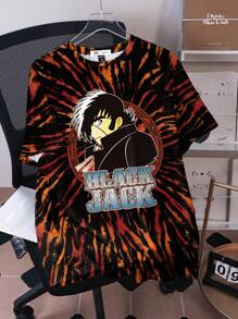 Black Jack X SHEIN Men Tie Dye Orange & Black Cartoon & Letter Graphic Round Neck Short Sleeve Summer T-Shirt