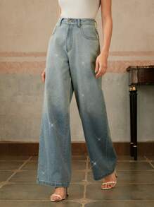 Anewsta Jeans anchos de pierna suelta con aplicaciones de strass vintage para mujeres, elegante, festival, casual