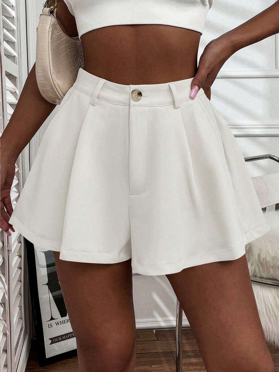 Chiquease Casual Solid Color Cuffed Slanted Pocket Shorts, Summer - White - View 1