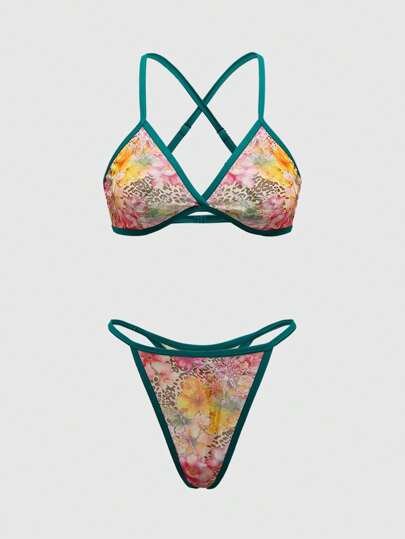 J-Fashion 1pc Island Girl, Hibiscus Flower, Leopard Print Mesh Full Print Wireless Sexy Lingerie Set