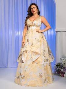 Glamrae Plus Size Elegant Romantic Luxurious Gold V-Neck Jacquard Organza A-Line Puff Evening Gown (Heavily Embellished), Formal, Party Dress, For Wedding Guest - Champagne - View 6