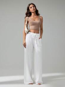 SHEIN Tall Women's Casual Slant Pocket Solid Color Drawstring Waist Straight Leg Pants