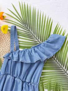 SHEIN Vestido camiseta con volantes y ribete de mujer adolescente de denim azul