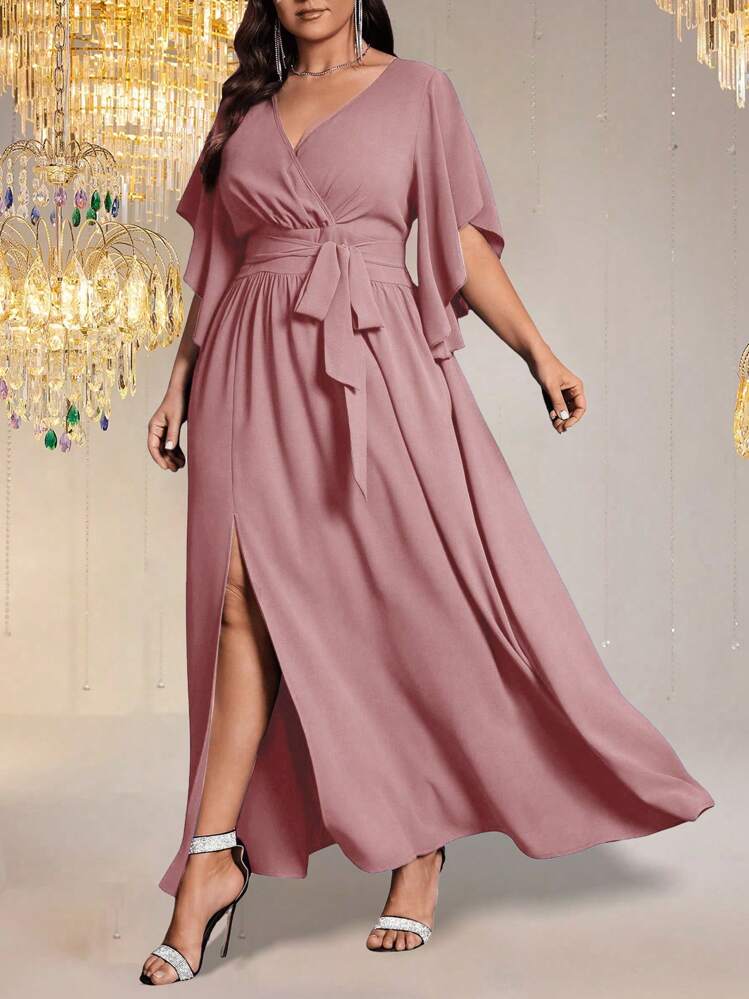Auvina Abito lungo elegante da donna con scollo a V, maniche corte a campana, vita annodata, arricciatura e spacco laterale, adatto per taglie forti - Rosa antico - Visualizzare 3