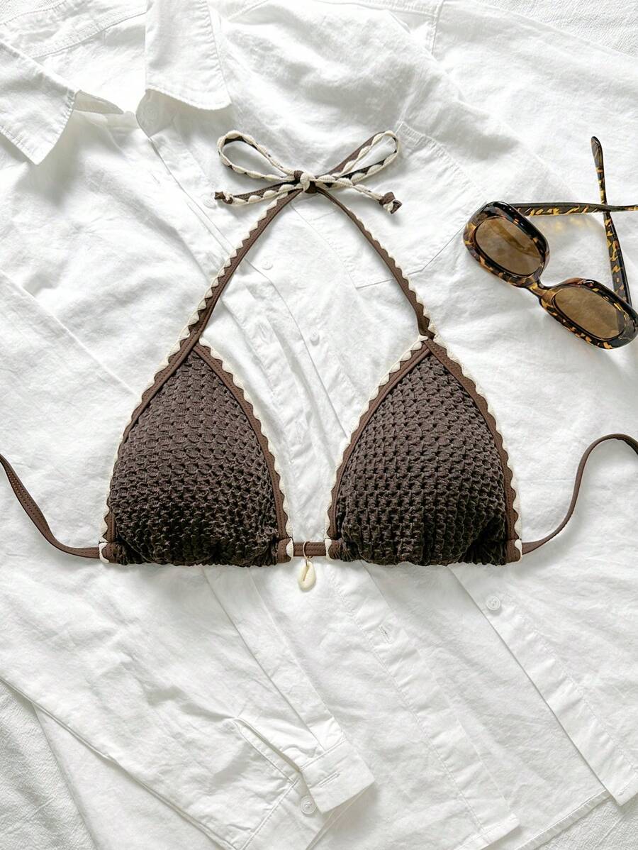 Swim Mod Women's Summer Solid Color Jacquard Fabric Scalloped Tie Strap Bikini Top