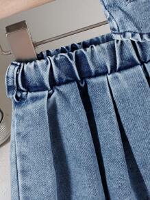 SHEIN Vintaside Kids 女婴时尚休闲复古蓝色牛仔背心搭配百褶裙，夏季 - 藍色 - 查看 5