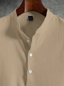 Manfinity Homme Loose Fit Men's Half Button Shirt & Pants Set, Fashionable For Summer, Cozy Outfits - Khaki - View 4